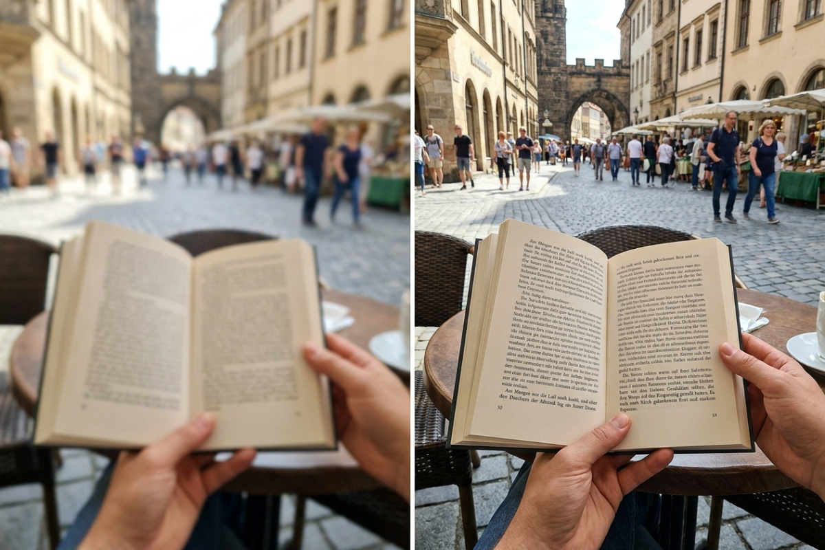 Symbolbild: links Nähe und Ferne unscharf, rechts mit Multifokal-Linse Buchseite und Gasse scharf